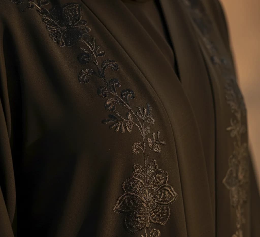 Çiçek işlemeli abaya detayı